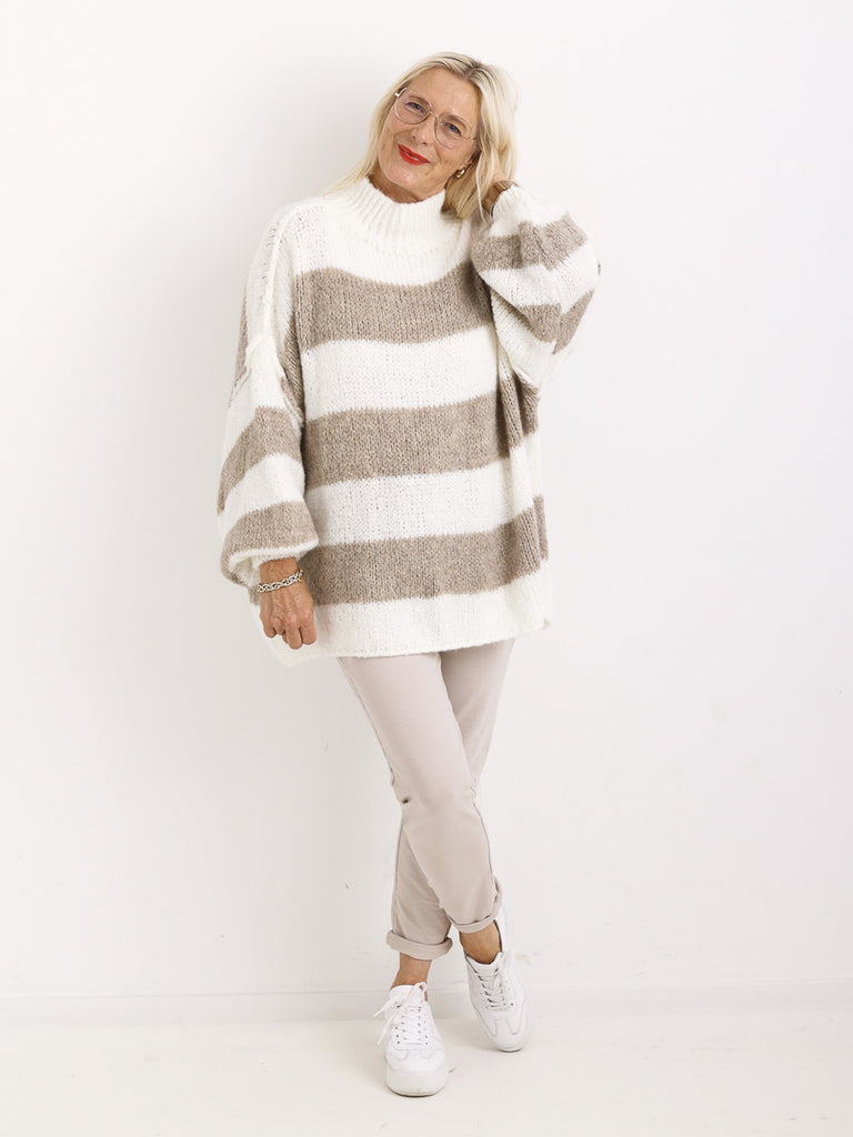 ALINA XXL Pullover - beige/wollweiß gestreift