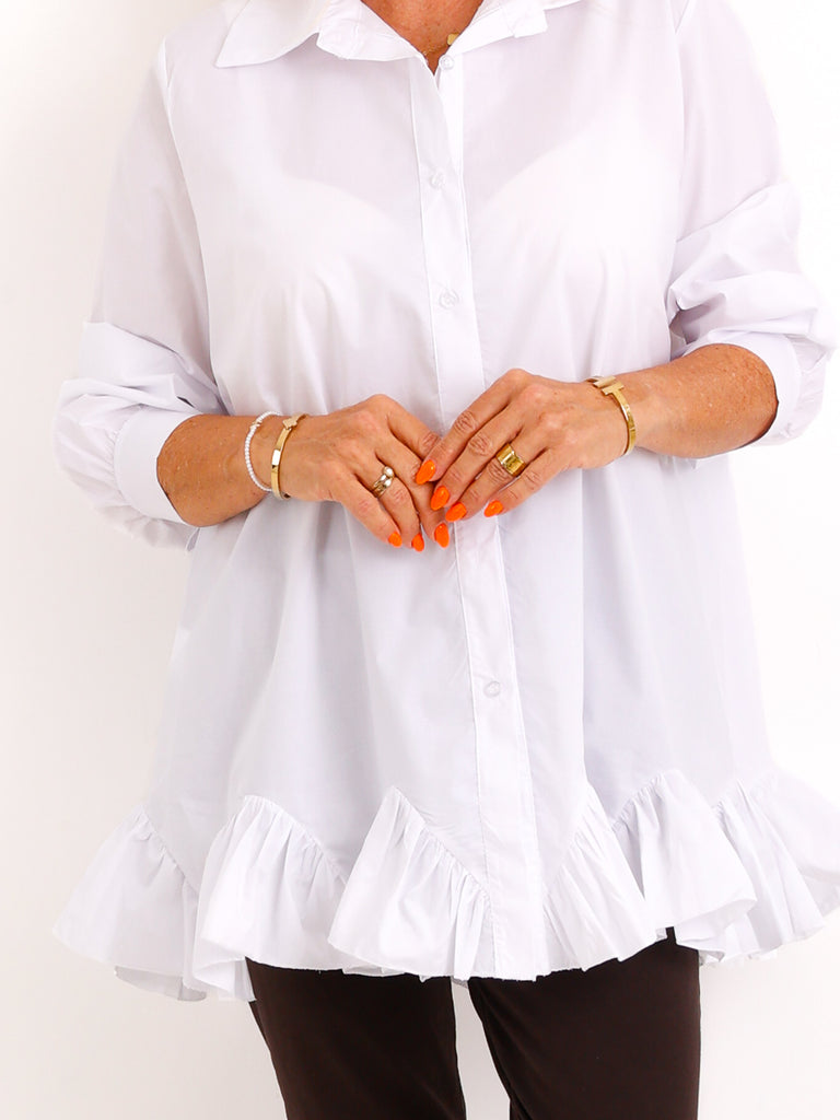 Bluse NOLA.S – Feminine Bluse mit verspieltem Rüschenabschluss – Gr. 36–44