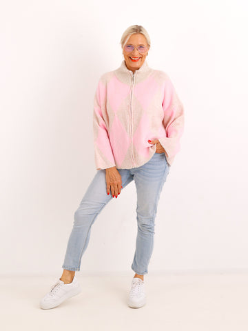 Oversize Strickjacke NALIVI – Gemusterter Zip-Look mit Stehkragen – Gr. 38–42