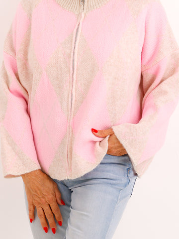 Oversize Strickjacke NALIVI – Gemusterter Zip-Look mit Stehkragen – Gr. 38–42