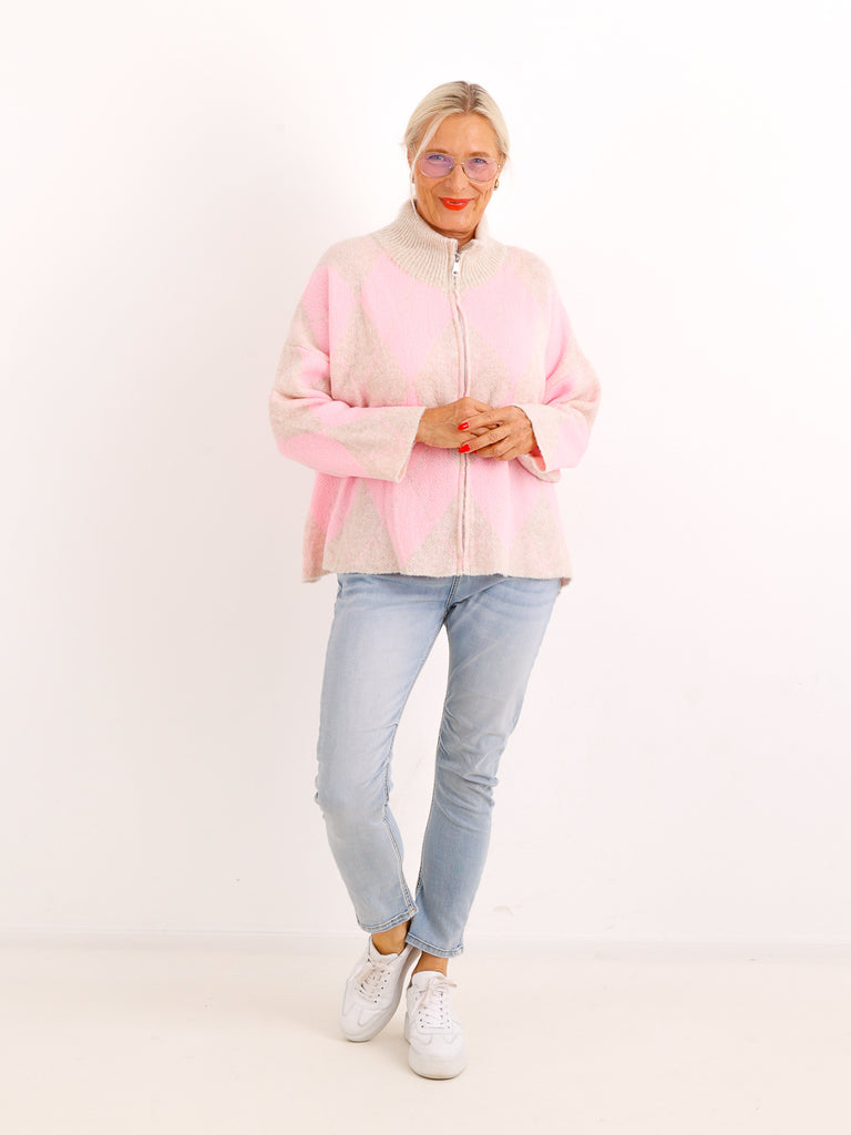 Oversize Strickjacke NALIVI – Gemusterter Zip-Look mit Stehkragen – Gr. 38–42