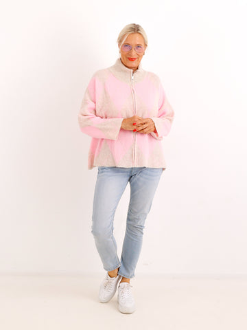 Oversize Strickjacke NALIVI – Gemusterter Zip-Look mit Stehkragen – Gr. 38–42
