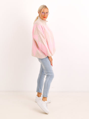 Oversize Strickjacke NALIVI – Gemusterter Zip-Look mit Stehkragen – Gr. 38–42