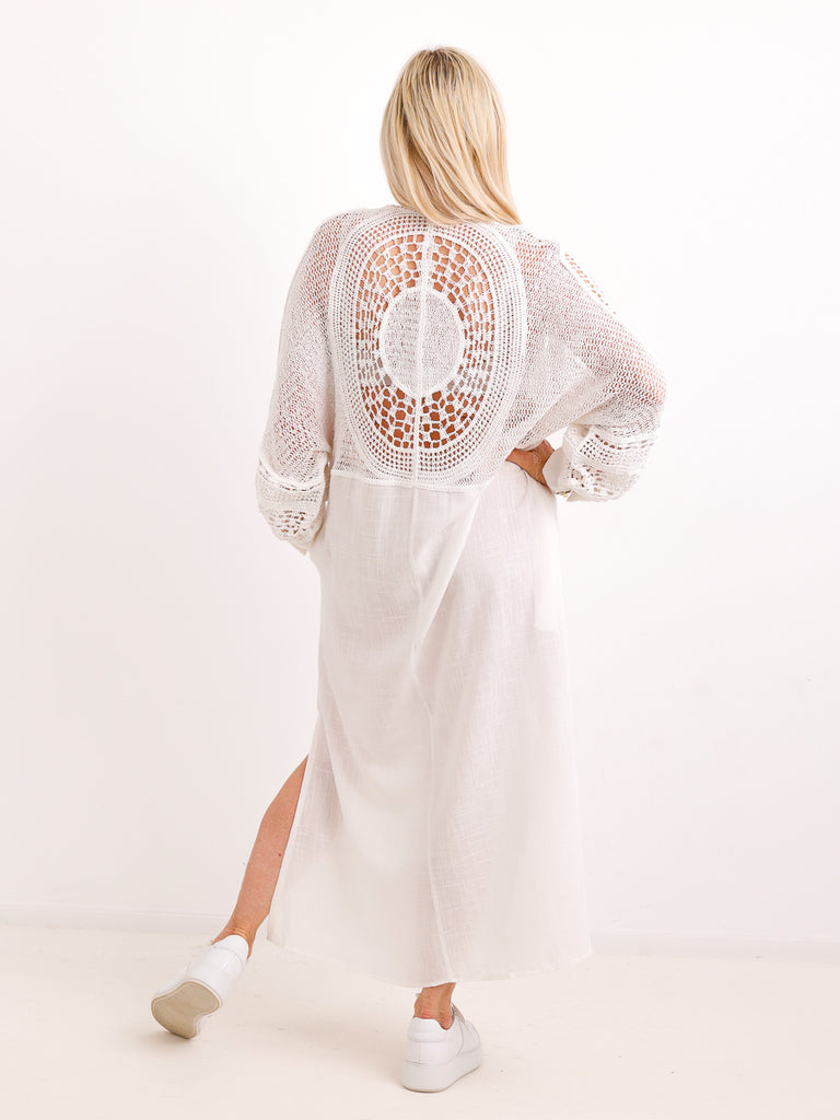 Boho-Maxikleid ESTELLE.S  – Häkel-Rücken & Ärmel – Leinen-Mix – Gr. 38-42