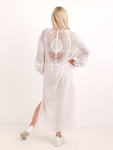 Boho-Maxikleid ESTELLE.S  – Häkel-Rücken & Ärmel – Leinen-Mix – Gr. 38-42