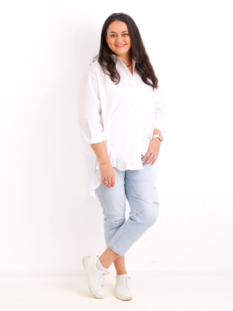 XXL Rüschen-Bluse ALENE.S  – 100 % Baumwolle – Long-Style – Gr. 42-50