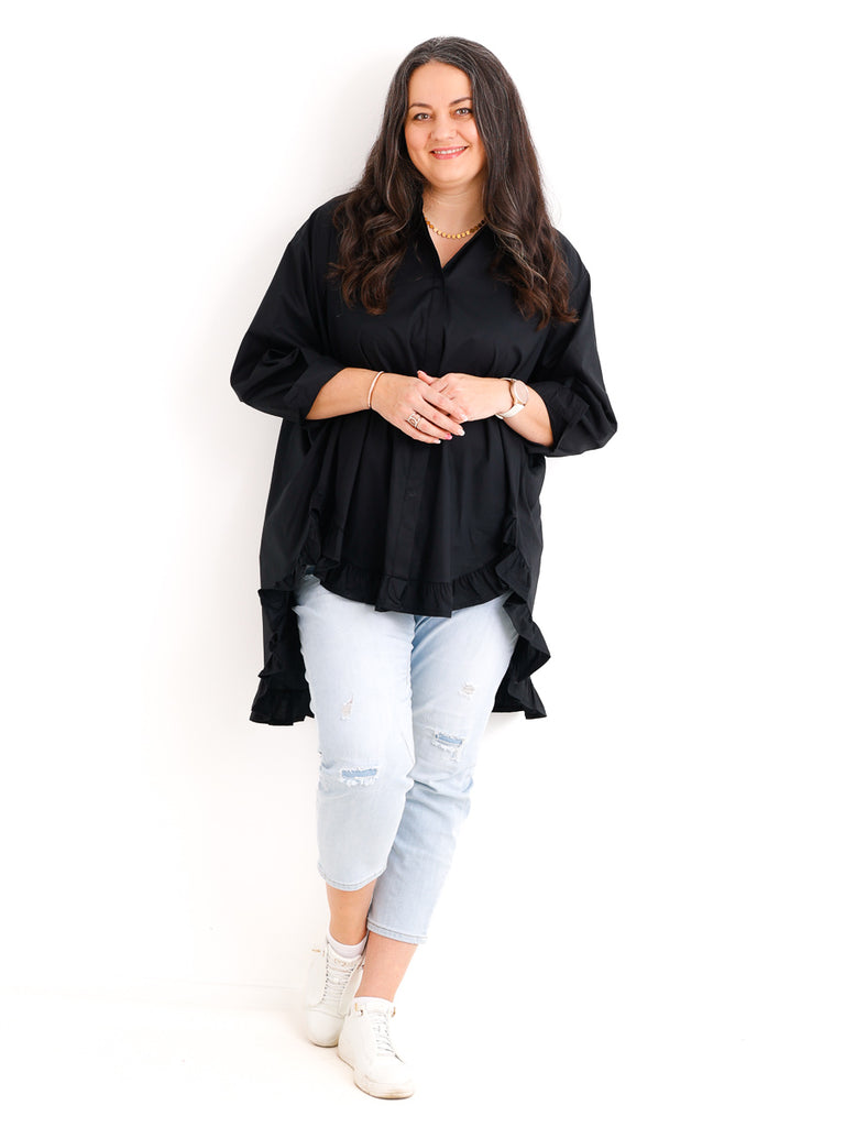 XXL Rüschen-Bluse ALENE.S  – 100 % Baumwolle – Long-Style – Gr. 42-50