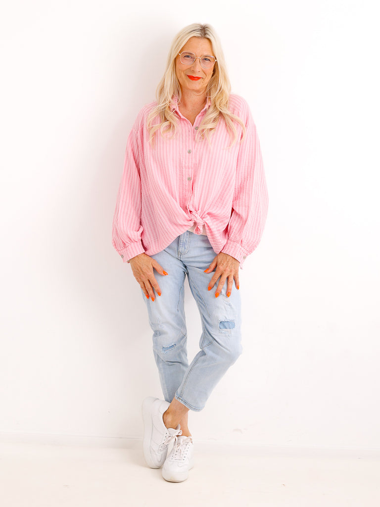 Oversize Musselin-Bluse LESLIE.S – Gestreift – 100 % Baumwolle – Gr. 38-48