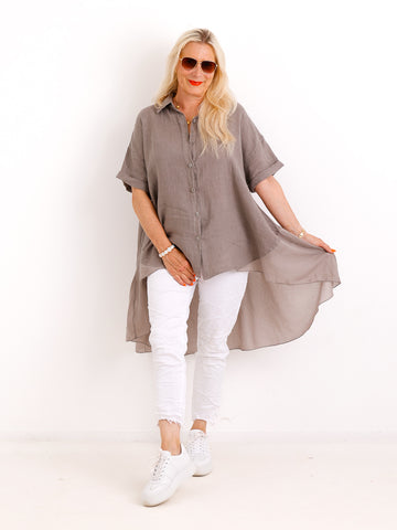 Oversize Leinen-Tunikabluse FAITH.S – Mit fließendem Saum – Gr. 38-50