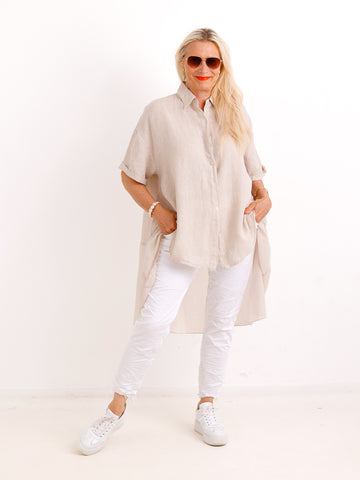Oversize Leinen-Tunikabluse FAITH.S – Mit fließendem Saum – Gr. 38-50
