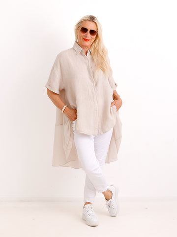 Oversize Leinen-Tunikabluse FAITH.S – Mit fließendem Saum – Gr. 38-50