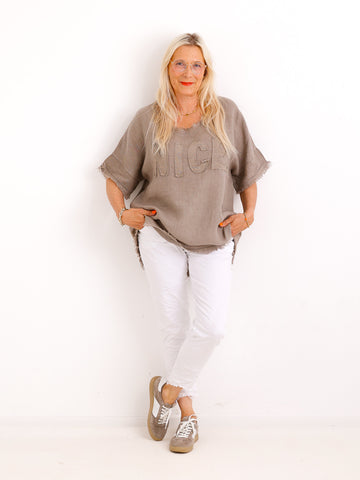 Oversize Leinen-Shirt SARAH.S mit Jersey-Rücken & Komfort-Stretch – Gr. 36-42