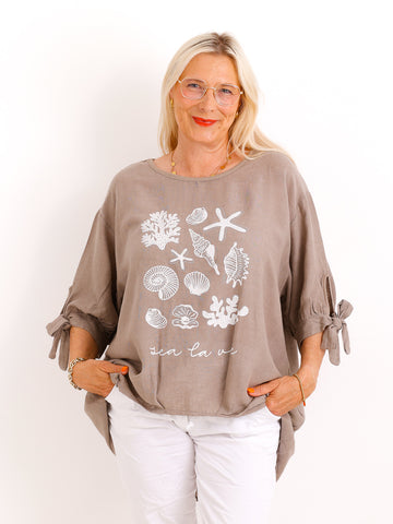 Oversize Leinen-Shirt Polly.S – Edler Muschel-Print & Strass – Gr. 38-46