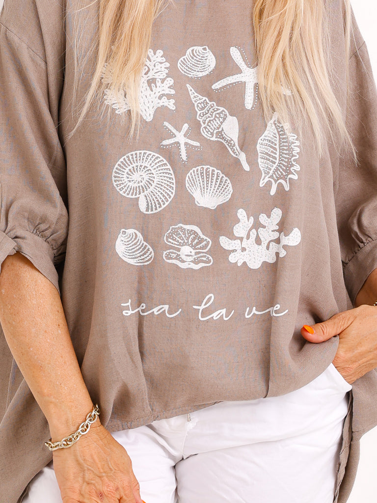 Oversize Leinen-Shirt Polly.S – Edler Muschel-Print & Strass – Gr. 38-46