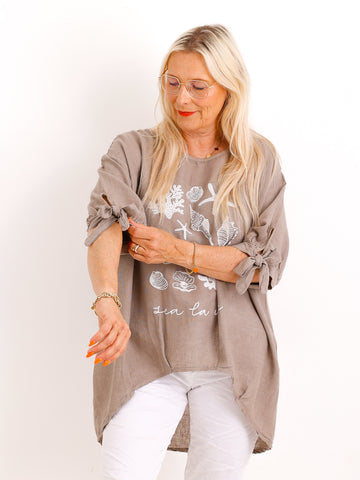 Oversize Leinen-Shirt Polly.S – Edler Muschel-Print & Strass – Gr. 38-46