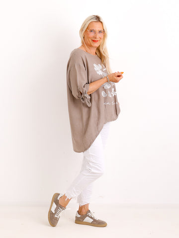 Oversize Leinen-Shirt Polly.S – Edler Muschel-Print & Strass – Gr. 38-46