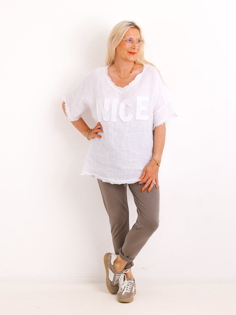 Oversize Leinen-Shirt SARAH.S mit Jersey-Rücken & Komfort-Stretch – Gr. 36-42