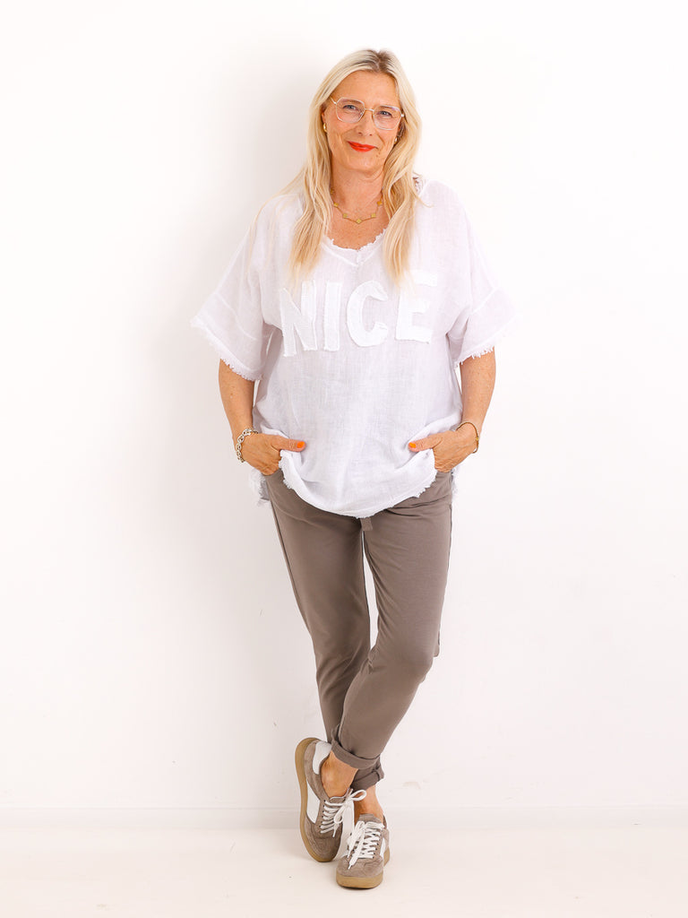 Oversize Leinen-Shirt SARAH.S mit Jersey-Rücken & Komfort-Stretch – Gr. 36-42