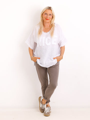 Oversize Leinen-Shirt SARAH.S mit Jersey-Rücken & Komfort-Stretch – Gr. 36-42