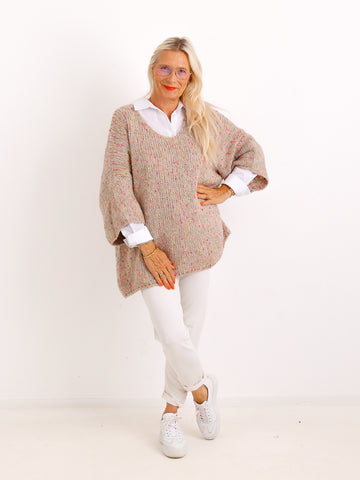Oversize-Pullover EILEEN.S – Flauschiger Konfetti-Strick mit V-Ausschnitt – Gr. 40–48